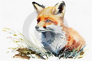 Watercolor little fox in gras. Generative ai