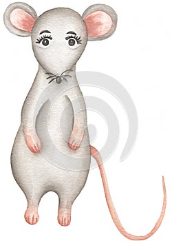 Watercolor Little  Grey Mouse. Cute cartoon Christmas animal rat or mouse. Watercolor illustration. Christmas and New Year card