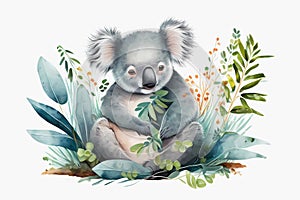 Watercolor little koala sitting in gras. Generative ai