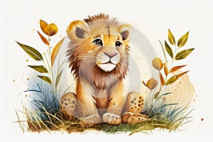 Watercolor little lion sitting in gras. Generative ai