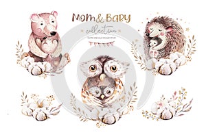 Watercolor little owl, bear deer and hedgehog baby and mother watercolour cartoon nursery card. Forest funny young