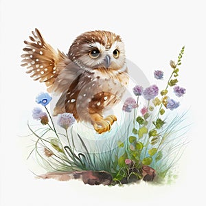 Watercolor little owl in gras. Generative ai