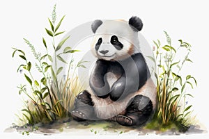 Watercolor little panda sitting in gras. Generative ai