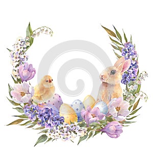 Watercolor little peach rabbit is sitting in the flowers wreath. Easter bunny and yellow chick, decorative eggs yellow