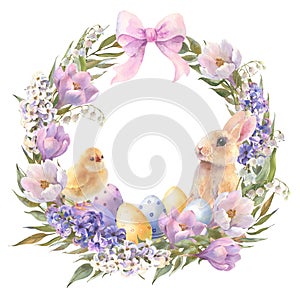 Watercolor little peach rabbit is sitting in the flowers wreath. Easter bunny and yellow chick, decorative eggs yellow