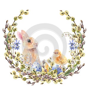 Watercolor little peach rabbit is sitting in the flowers wreath. Easter bunny and yellow chick, decorative eggs yellow