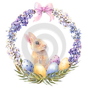 Watercolor little peach rabbit is sitting in the spring flowers wreath. Easter bunny and colorful eggs, decorative eggs