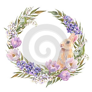 Watercolor little peach rabbit is sitting in the spring flowers wreath. Easter bunny and colorful eggs, decorative eggs