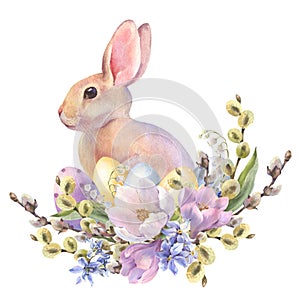 Watercolor little peach rabbit is sitting in the spring flowers wreath. Easter bunny and colorful eggs, decorative eggs