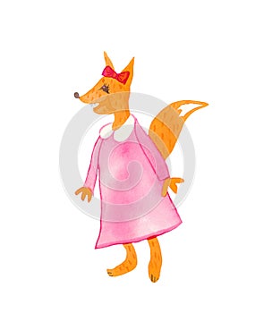 Watercolor little red fox in pink dress and bow. Animalistic illustration