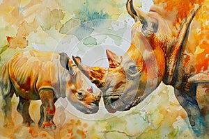 Watercolor of a little rhinoceros baby with its mother
