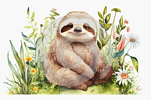 Watercolor little sloth sitting in gras. Generative ai