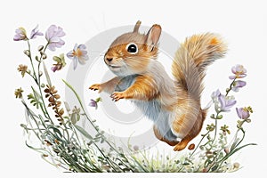 Watercolor little squirrel in gras. Generative ai