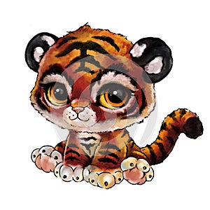 watercolor little tiger cub. with big eyes drawn photo