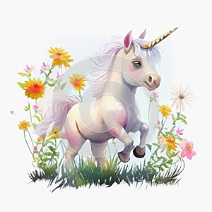 Watercolor little unicorn in gras. Generative ai