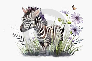 Watercolor little zebra in gras. Generative ai
