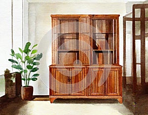 Watercolor of A living room with a wooden bureau cabinet showcasing a smart