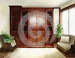 Watercolor of A living room with a wooden bureau cabinet showcasing a smart