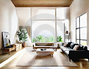 Watercolor of Loft living room with couch and