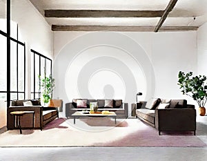 Watercolor of Loft living room with couch and