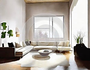 Watercolor of Loft living room with couch and