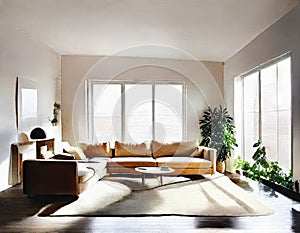Watercolor of Loft living room with couch and