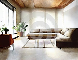 Watercolor of Loft living room with couch and