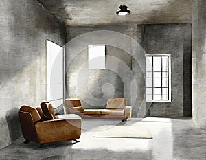 Watercolor of Loft living room with a recliner on a concrete wall