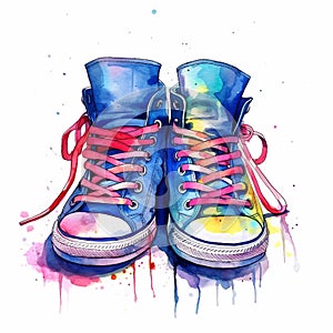 Watercolor logo sneakers. Bright youth sneakers with loose laces.