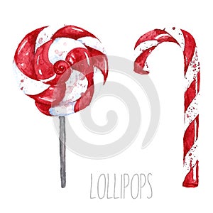 Watercolor lollipop. Hand drawn isolated sweet candy illustration on white background.