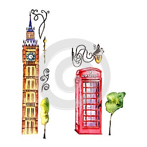 Watercolor London illustration. Great Britain hand drawn symbols.