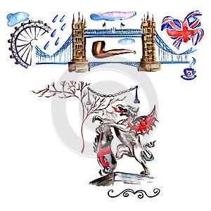 Watercolor London illustration. Great Britain hand drawn symbols.