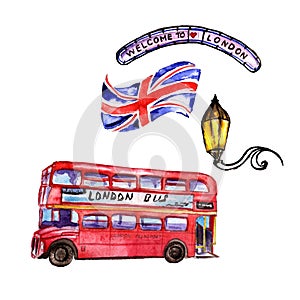 Watercolor London illustration. Great Britain hand drawn symbols.