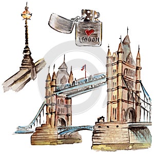 Watercolor London illustration. Great Britain hand drawn symbols.