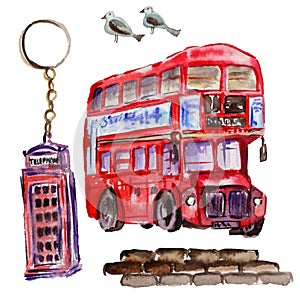 Watercolor London illustration. Great Britain hand drawn symbols.