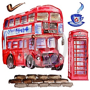 Watercolor London illustration. Great Britain hand drawn symbols. British bus