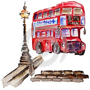 Watercolor London illustration. Great Britain hand drawn symbols. British bus