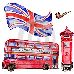 Watercolor London illustration. Great Britain hand drawn symbols. British bus