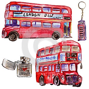 Watercolor London illustration. Great Britain hand drawn symbols. British bus