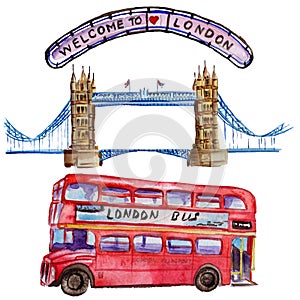 Watercolor London illustration. Great Britain hand drawn symbols. British bus