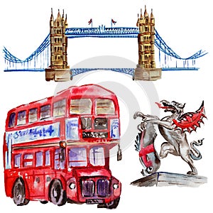 Watercolor London illustration. Great Britain hand drawn symbols. British bus