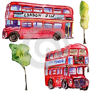 Watercolor London illustration. Great Britain hand drawn symbols. British bus