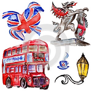 Watercolor London illustration. Great Britain hand drawn symbols. British bus