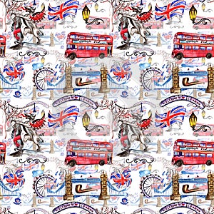 Watercolor London pattern illustration. Great Britain hand drawn symbols.