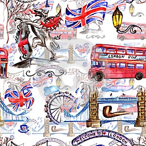 Watercolor London pattern illustration. Great Britain hand drawn symbols.