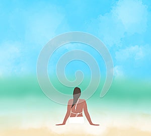 Watercolor loneliness black hair Asian woman wear white bikini relax sit on the beach looking at the turquoise sea