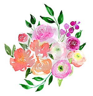 Watercolor loose flowers beautiful clip art. Elegant floral bouquet, banner with pink, violet, yellow flowers and leaves