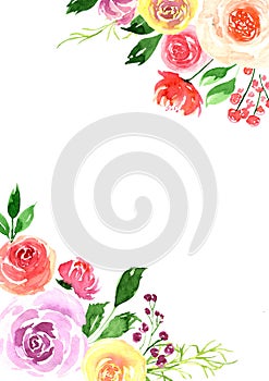 Watercolor loose style pink, red, violet, yellow ostin rose flower and green leaves frame. Modern trendy template for invitation,