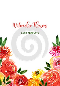 Watercolor loose style red, pink peach peonies, rose flower and dahlia corner frame. Modern trendy border template for