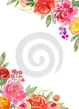 Watercolor loose style red, pink peach peonies, rose flower and green leaves corner frame. Modern trendy border template